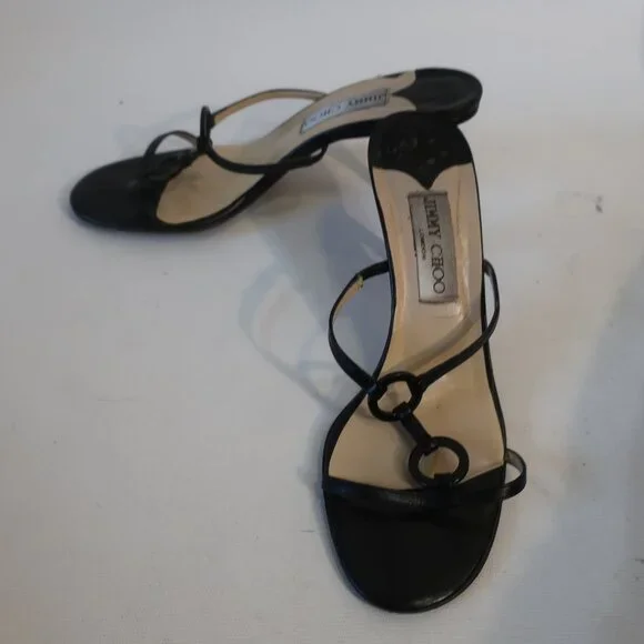 Womens Jimmy Choo Black Leather Strappy Slip-On Heels 37.5 US/7.5 - Picture 3 of 12